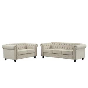 Linen Couches for Living Room Sets, Loveseat and Sofa 2-Pieces Top Beige