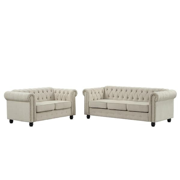 Morden Fort Linen Couches for Living Room Sets, Loveseat and Sofa 2-Pieces Top Beige