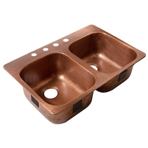 Santi 33 in. 4-Hole Left Drop-In Double Bowl 16 Gauge Antique Copper Kitchen Sink