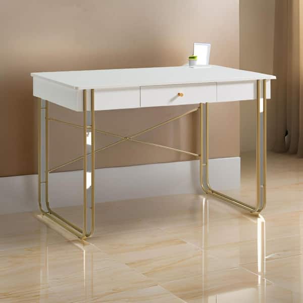 Benjara Bery 47 in. Rectangular White Wood 1-Drawer Desk with Knob and USB Port
