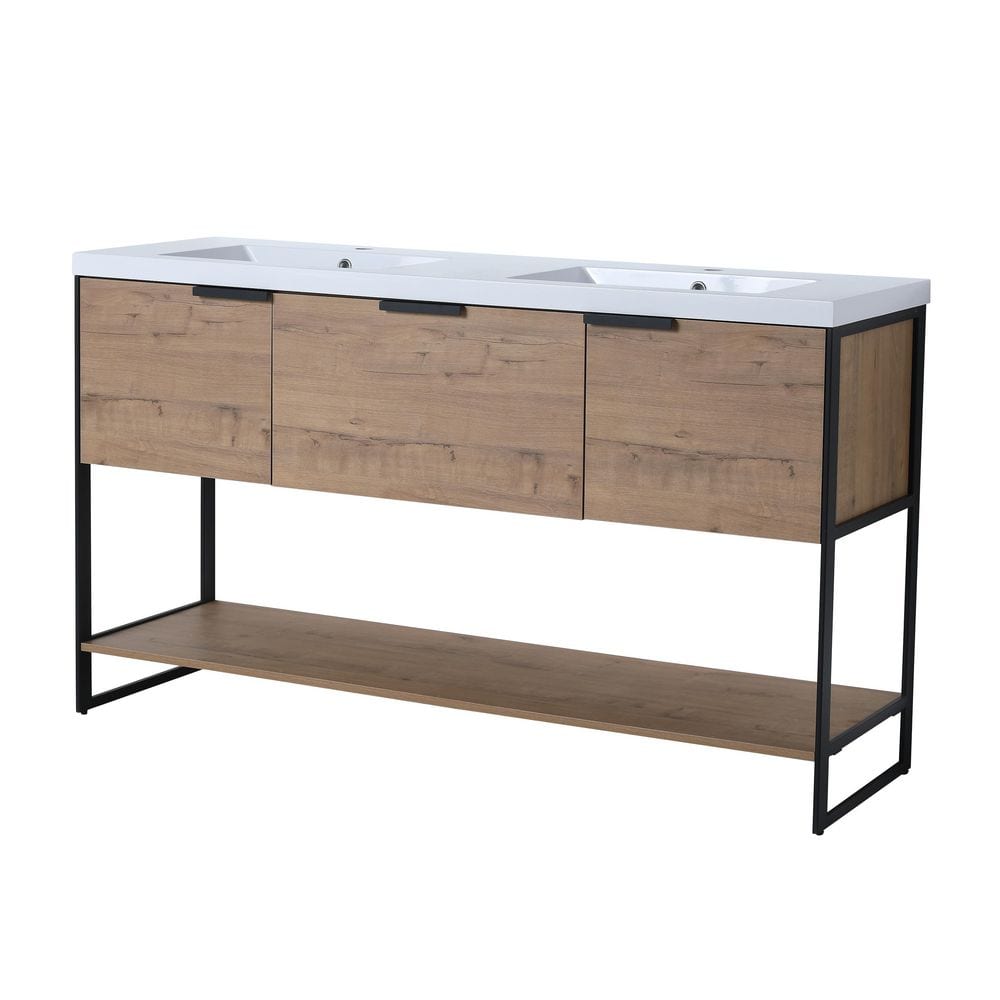 59.1 in. W x 18.25 in. D x 34.3 in. H in Light Brown Bathroom Vanity with C