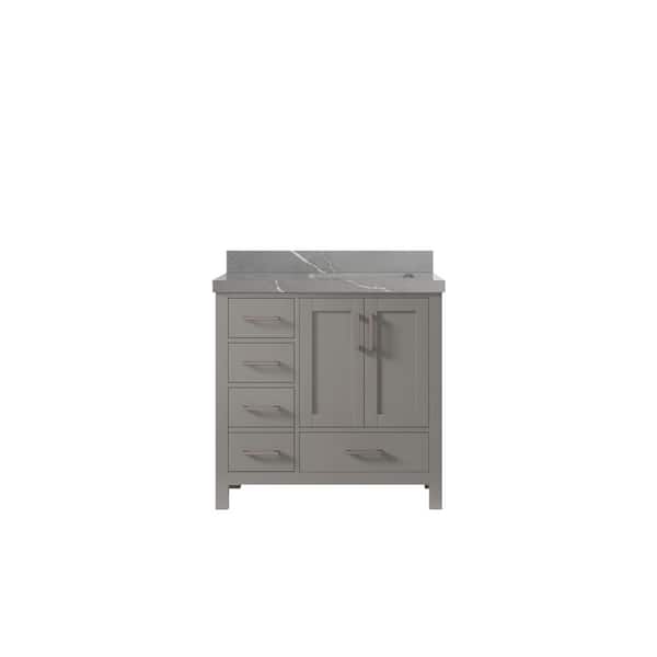 Willow Collections Malibu 36 in. W x 22 in. D x 36 in. H Right Offset Sink Bath Vanity in Gray with 2 in. Piatra Quartz Top
