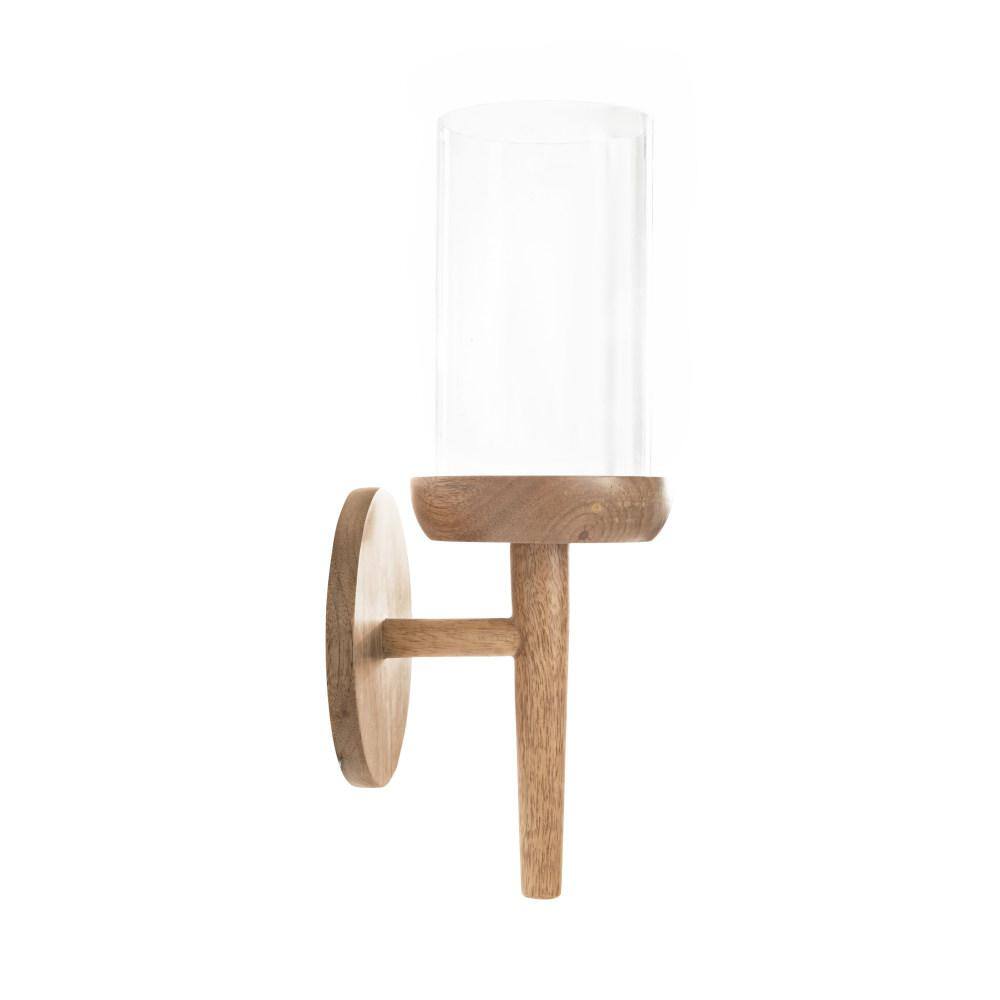 Natural Mango Wood and Glass Wall Sconce, 5x5x13