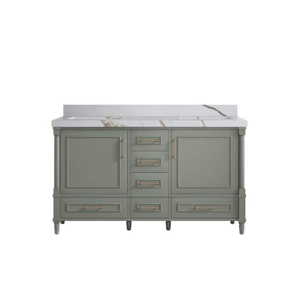 Willow Collections Hudson 60 in. W x 22 in. D x 36 in. H Double Sink Bath Vanity in Evergreen with 2 in. Calacatta Gold Quartz Top