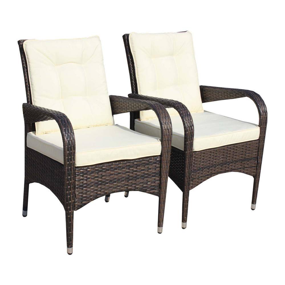 Sudzendf Brown Metal Outdoor Dining Chair with Beige Cushions (2-Pack ...