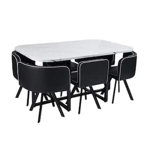 Pizza 7-Piece White Marble MDF Dining Room Set with Black Chairs