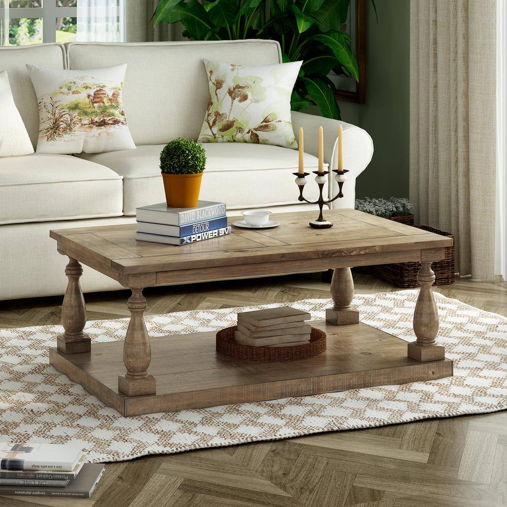 Rustic 45.2 in. Walnut Rectangle Solid Wood Coffee Table with Storage Shelf, Hand-Turned Balusters