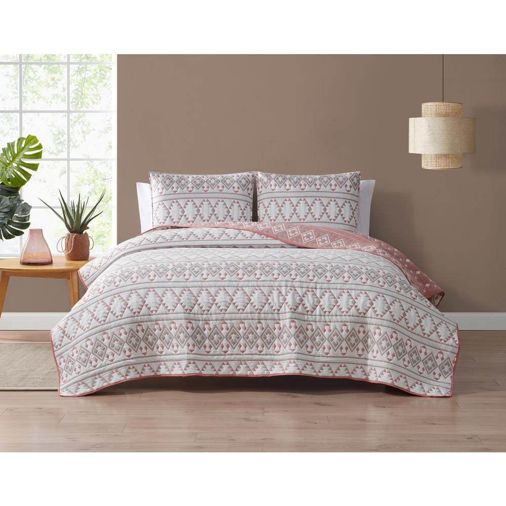 Kai Tribal Clay/Tan/White 3-Piece All-Season Soft Woven Matelasse Jacquard 