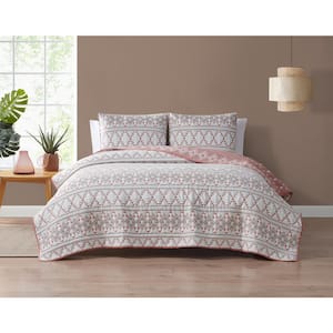 Kai Tribal Clay/Tan/White 3-Piece All-Season Soft Woven Matelasse Jacquard Reversible Cotton Blend Quilt Set - F/Q