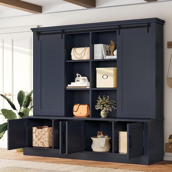Mariner Blue Wood 66 in. Multifunctional Entryway Cabinet with Sliding Rails for Ample Storage Space