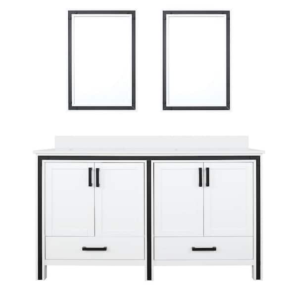 Ziva 60 in W x 22 in D White Double Bath Vanity, Cultured Marble Top and 22 in Mirrors