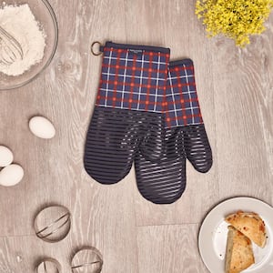 Red/Navy Plaid 100% Cotton Oven Mitts With Silicone Grip (Set of 2)