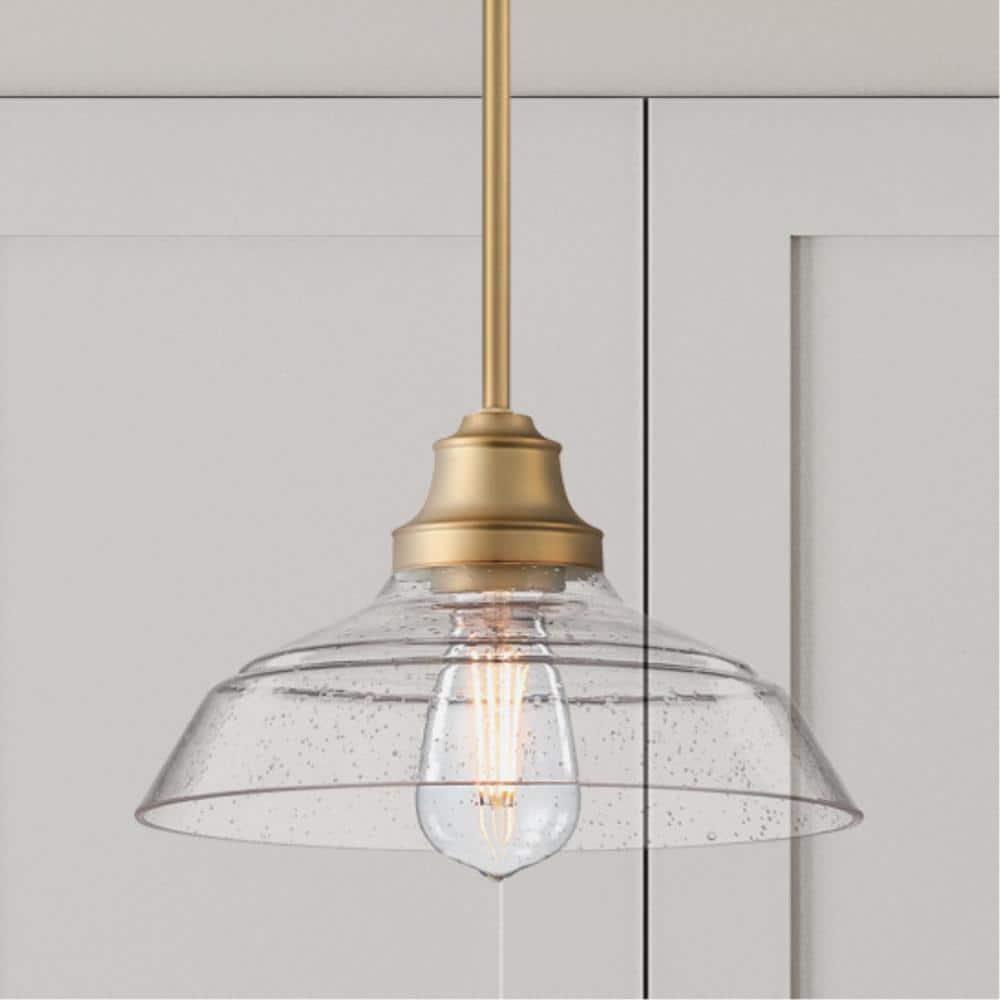 Brushed Brass Vintage Pendant Light with Clear Seeded Glass Shade