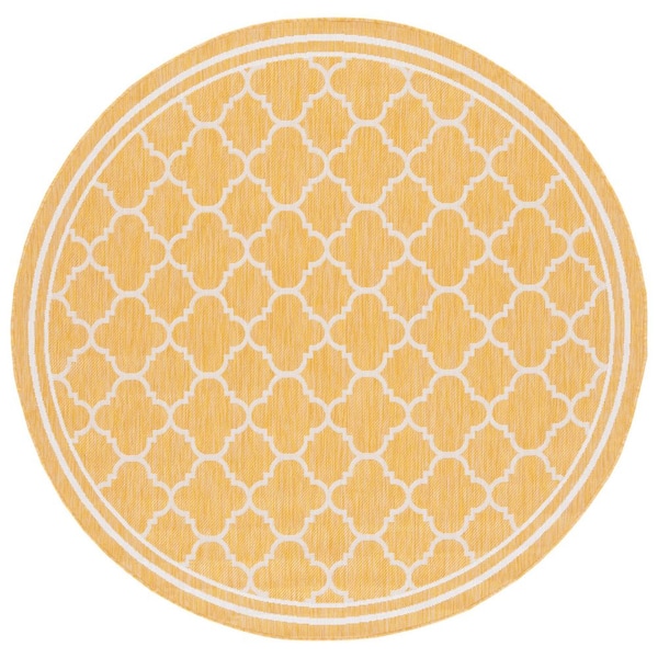 Courtyard Gold/Beige 7 ft. x 7 ft. Border Quatrefoil Indoor/Outdoor Round Area Rug