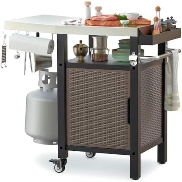 Hitechluxe Rolling Kitchen Island and BBQ Serving Cart Single Door Storage Cabinet Worktable with Stainless Steel Countertop