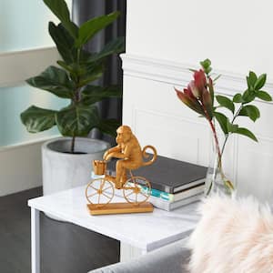 Gold Polystone Monkey Sculpture with Bicycle