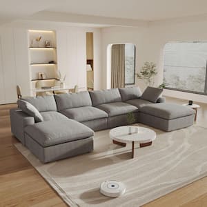 157 in. Square Arm 6-Piece Linen U-shaped Sectional Sofa Cloud Couch in Gray with Storage Ottomans