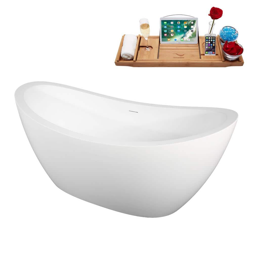 67" Matte White Acrylic Freestanding Slipper Tub with Polished Brass Trim
