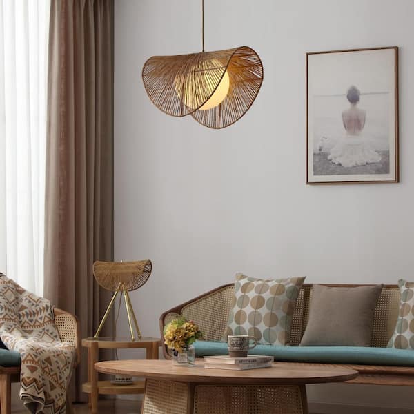 Sovev 13 in. 1-Light Polished Brass Bohemian Dimmable Globe Pendant-Light with Frosted Glass and Rattan Shade