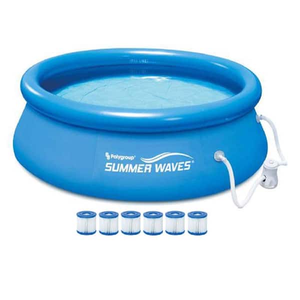 Summer Waves 8 ft. x 30 in. x 30 in. D Round Quick Set Inflatable Swimming Pool Pump and 6-Cartridges