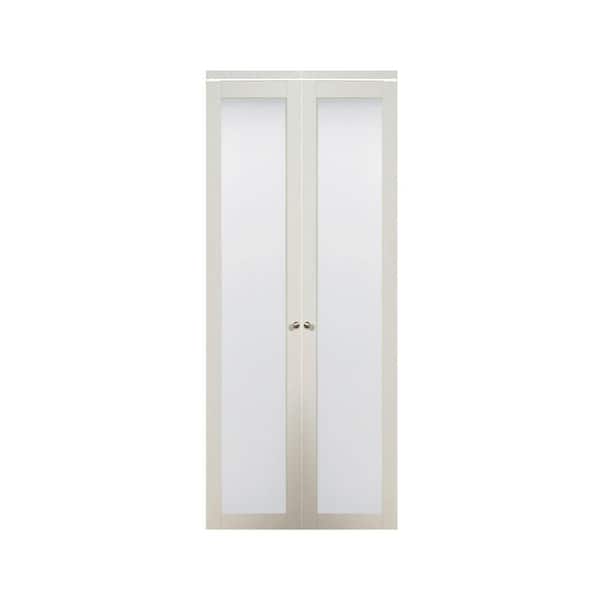 TRUporte 30 in. x 80 in. 3010 Series 1-Lite Tempered Frosted Glass Composite Off White Interior Closet Bi-Fold Door