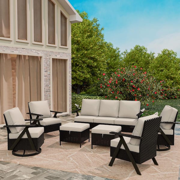MeetLeisure 7-Piece Brown Rattan Outdoor Wicker Patio Conversation Set with Beige Cushions