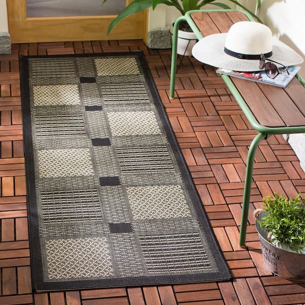Courtyard Black/Sand 2 ft. x 12 ft. Border Indoor/Outdoor Patio  Runner Rug