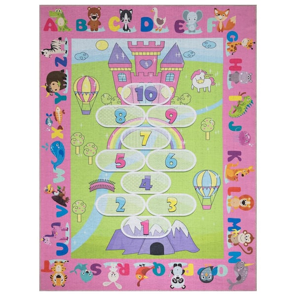 Ottomanson Non Shedding Washable Wrinkle-free Cotton Flatweave Hopscotch Princess 5x7 Kid's Room Play Mat, 5 ft. x 7 ft.,Pink