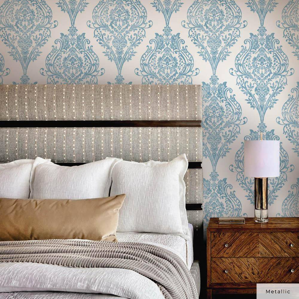 Coastal Blue Damask Non-Pasted Repositionable Wallpaper