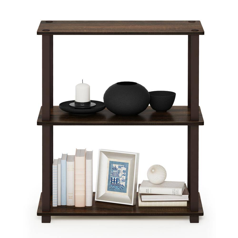 Walnut Brown 3-Tier Rubberwood Bookshelf with Open Back