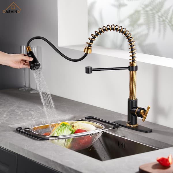 Single Handle Pull Down Sprayer Kitchen Faucet with Power Boost 3 Function Sprayed in Brushed Gold and Matte Black