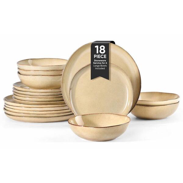18-Piece Handmade Stoneware Dinnerware Set for 6 with Irregular Edges and Reactive Glaze in Cream Khaki