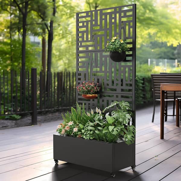 73 in. x 16 in. x35 in. Black Metal Iron Planter Box with Attached Trellis for Climbing Vegetation