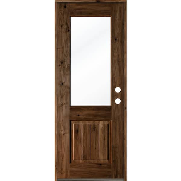 Krosswood Doors 32 in. x 96 in. Rustic Knotty Alder Wood Clear Half-Lite Provincial Stain/VG Left Hand Single Prehung Front Door