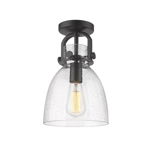 Newton Bell 8 in. 1-Light Matte Black Industrial Flush Mount with Seeded Glass Shade