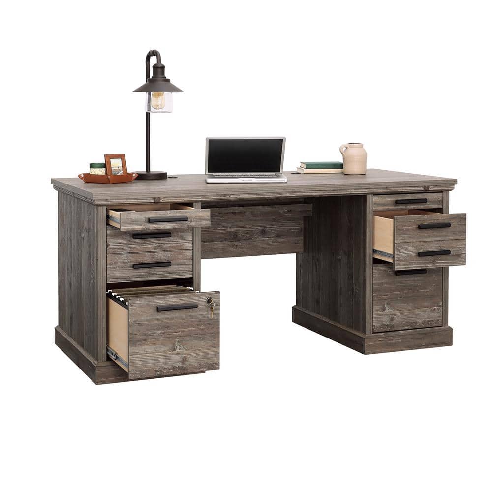 Aspen Post Pebble Pine Executive Desk with Dual Filing Cabinets