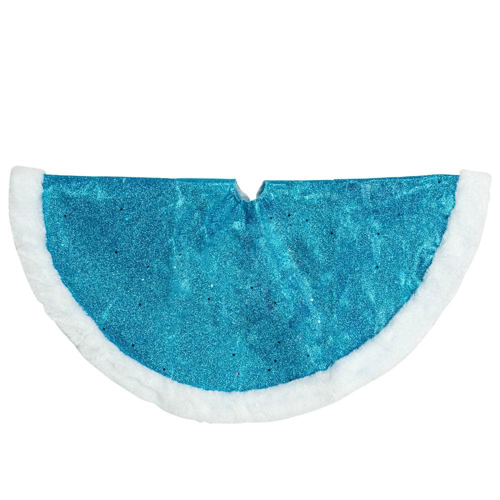 20" Blue Glittered Mini Christmas Tree Skirt with Faux Fur Trim