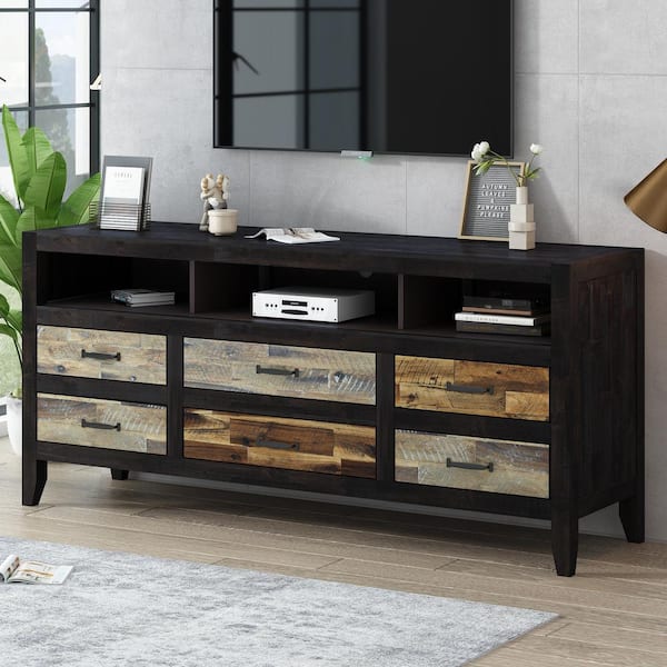 Harper & Bright Designs Black TV Stand Entertainment Center Fits TVs up to 65 in. with Wood 6-Drawers and 3-Shelves Retro Distressed