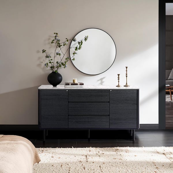 Black Manufactured Wood 58.5 in. W 3-Door 2-Door Sideboard Cabinet with Laminated Marble Top
