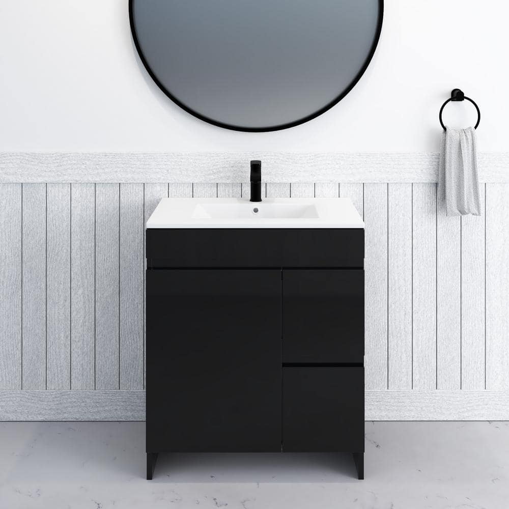 Mace 30 in. W x 18 in. D x 34 in. H Bath Vanity in Glossy Black with White Ceramic Top and Right-Side Drawers price history on PriceWatchPro