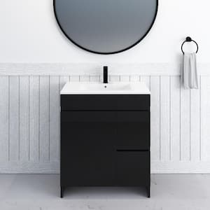 Mace 30 in. W x 18 in. D x 34 in. H Bath Vanity in Glossy Black with White Ceramic Top and Right-Side Drawers
