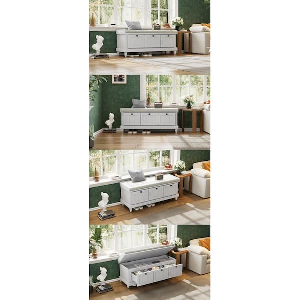 19 in. H x 44 in. W Light Gray Rubber Wood Shoe Storage Bench with Cushion and 3-Drawer for Hallway, Living Room