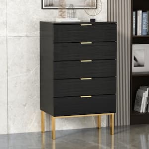 5-Drawer Black Wood Chest of Drawer Accent Storage Cabinet Organizer W/ Metal Leg 44.1 in. H x 23.6 in. W x 15.7 in. D