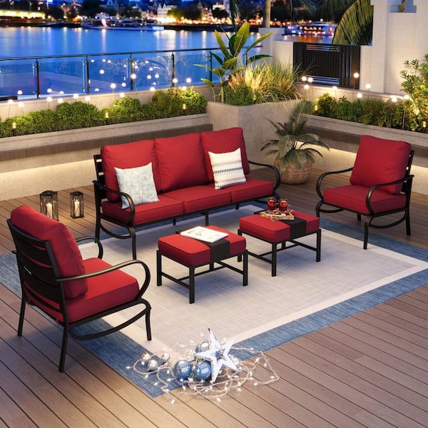 Black 5-Piece Metal Slatted 7-Seat Outdoor Patio Conversation Set with Red Cushions and 2 Ottomans