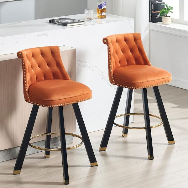 Modern Orange Velvet Wood Swivel Counter Height Bar Stools with Tufted Backrest and Copper Nails (Set of 2)
