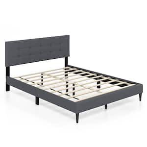 Gray Wood Frame Queen Platform Bed with Mattress Foundation Button Tufted Headboard
