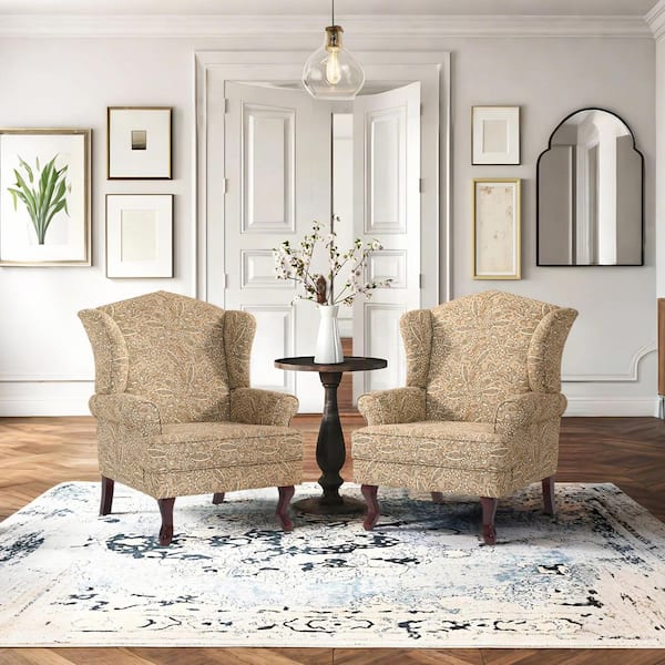 Paisley Brown Linen Wood Legs Upholstered Accent Arm Chair with Wingback (Set of 2)