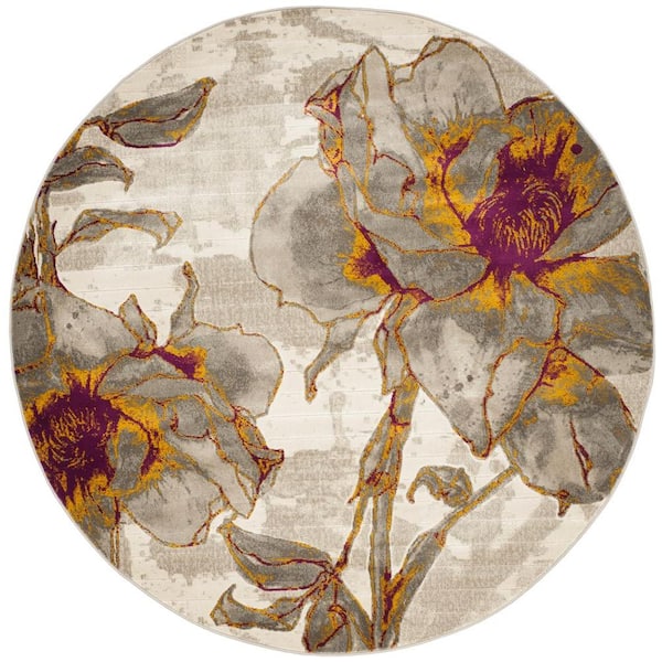 SAFAVIEH Porcello Ivory/Grey 5 ft. x 5 ft. Round Floral Area Rug
