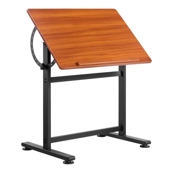 Drafting Table Black H-Frame and Brown Desktop Adjustable 0°-90° Tilt Drawing Desk, Portable Artist Table Wooden