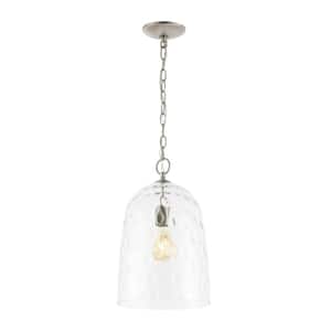 Matilda 10 in. 1-Light Industrial Designer Iron/Dimple Glass Dome LED Pendant Light, Nickel/Clear